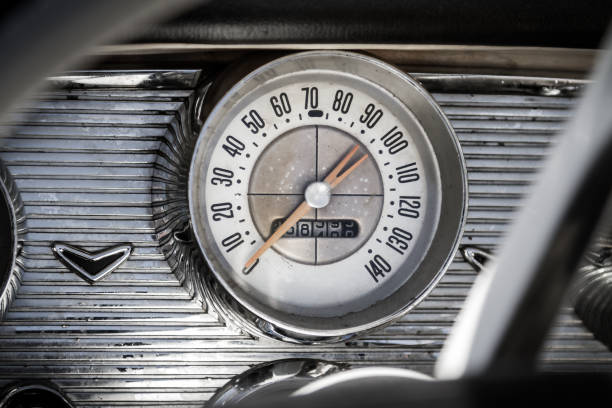 istock Vintage car dashboard close up with speedometer 1155929248
