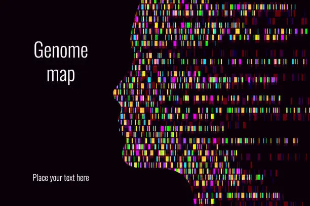 Vector illustration of Dna test infographic. Vector illustration. Genome sequence map. Template for your design. Background, wallpaper. Barcoding. Big Genomic Data Visualization