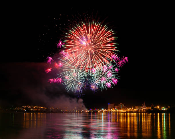 istock Long Exposure of Fireworks Reflecting on Calm Rippling Water 1155937213