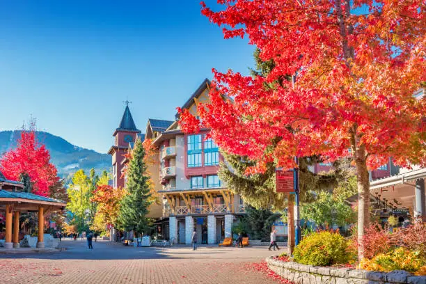 Stock photograph of downtown Whistler British Columbia Canada on a sunny autumn day.