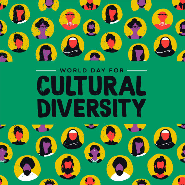 Cultural Diversity card of diverse ethnic people Cultural Diversity Day greeting card illustration. Diverse social group of people includes muslim, african, asian and american cultures. religion-diversity stock illustrations
