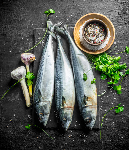 istock Fresh raw mackerel on a stone Board with garlic, spices and herbs. 1155947156