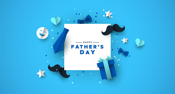 Happy Father's Day greeting card of white frame with 3d paper cut icon decoration. Includes mustache, neck tie, gift and bowtie.