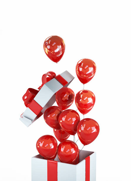 istock Gift Box with Red Colorful Balloons. Greeting Invitation Template 1155947709