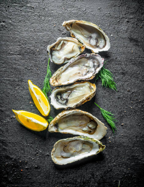 istock Fresh oysters with lemon slices and dill. 1155948390