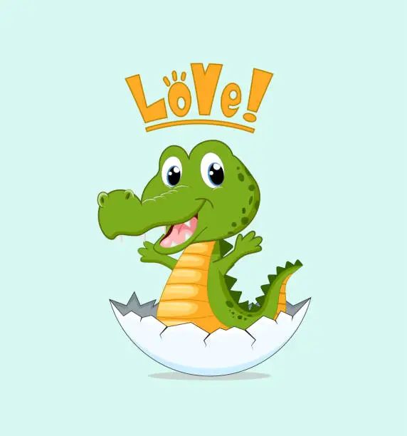 Vector illustration of Cute newborn crocodile in the egg shell vector illustration