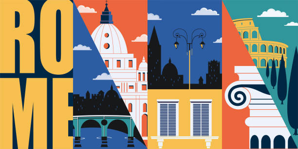 rzym, włochy wektor banner, ilustracja - historical architecture stock illustrations