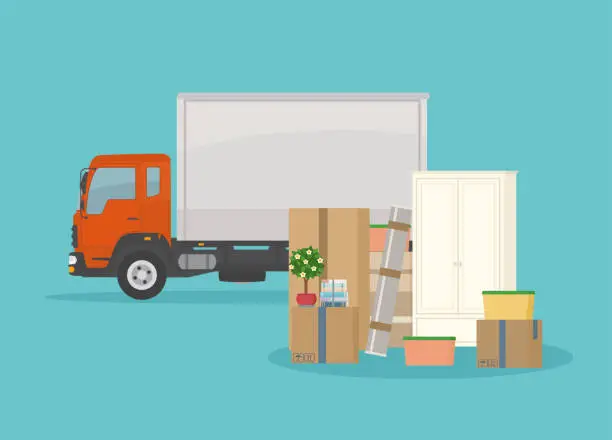 Vector illustration of Moving into new House. Delivery truck, furnitures and cardboard boxes. Isolated on blue background.