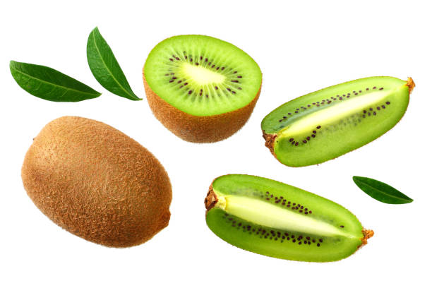 istock kiwi fruit with slices and green leaves isolated on a white background 1155950677