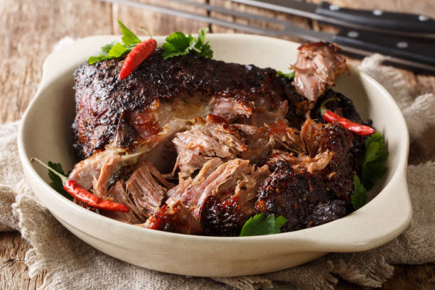 istock Delicious spicy slow shredded pulled pork closeup on a plate. horizontal 1155950789
