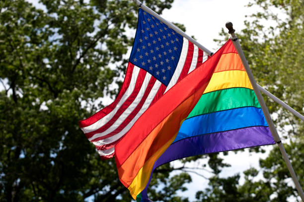 LGBT and American Flags together Rainbow and American flags in the wind flying proudly together. Image shot with Canon 5D Mark 4, EF 70-200mm f/2.8L lens. gay pride symbol photos stock pictures, royalty-free photos & images