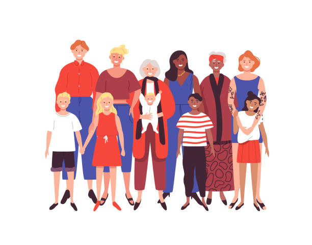 Women family concept on isolated background Multi generation group of women on isolated background. Family concept includes grandma, mother, children and baby. diverse family stock illustrations
