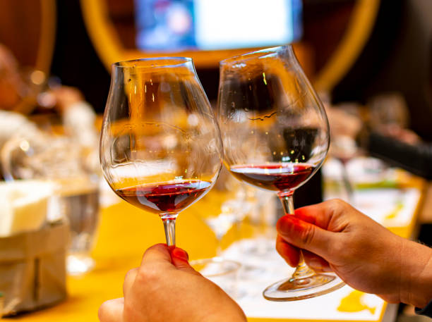 istock Professional wine tasting, sommelier course, looking at red dry wine in wine glass 1155955885