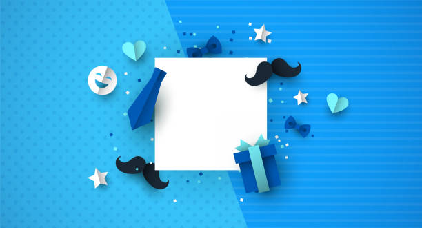 Fathers Day paper cut icon template background Father's Day background template concept with blue color paper cut icons. Ideal for male product sale or special event. father stock illustrations