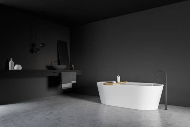 istock Grey bathroom corner, tub and sink 1155955941