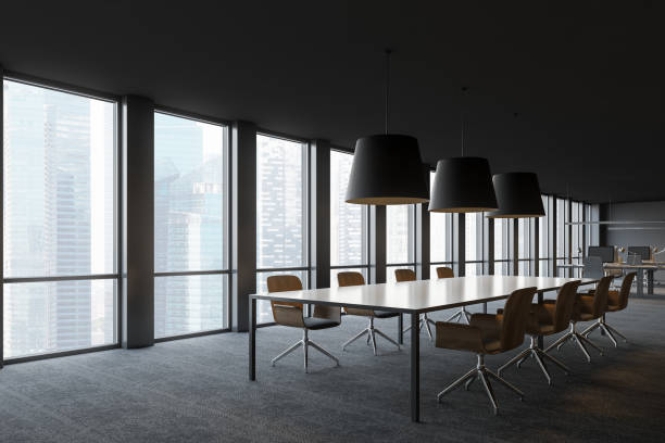 istock Modern conference room interior with window and city view 1155957110