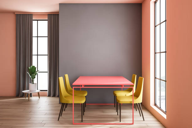 istock Gray and peach dining room, pink table 1155957813