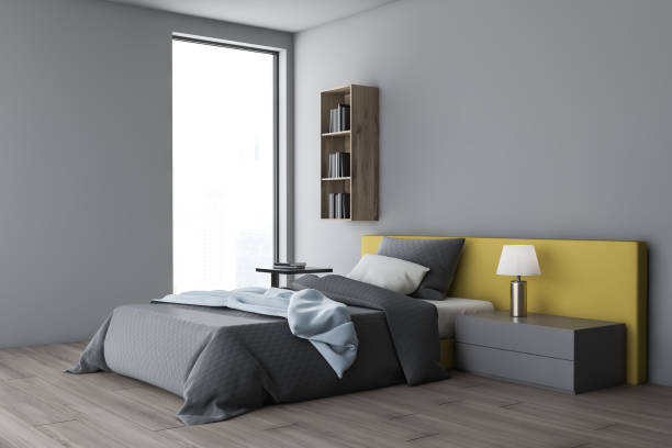 istock Gray bedroom corner with shelf 1155958071