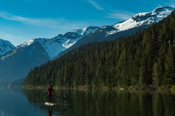 istock Woman stand up paddle boarding on a pristine mountain lake 1155958459