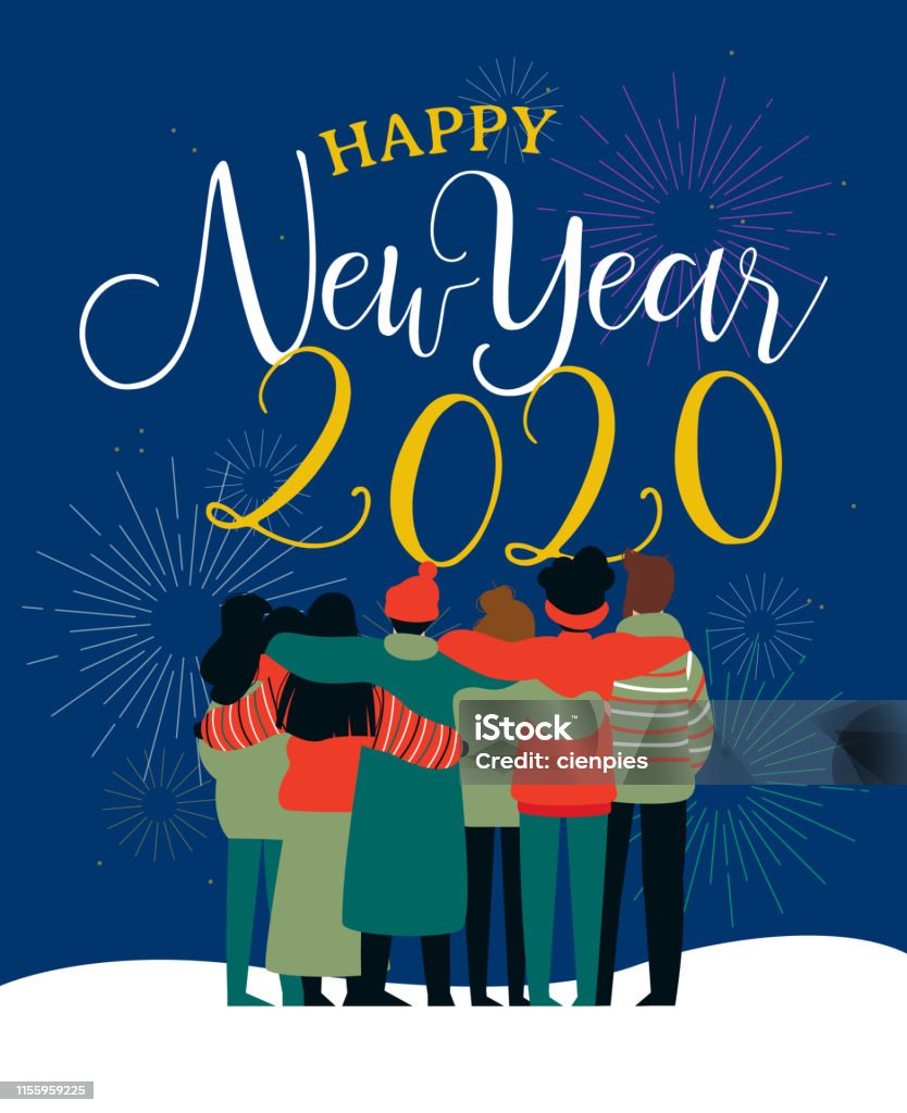 Happy New Year 2020 Card Of Friend Group Hug Stock Illustration ...