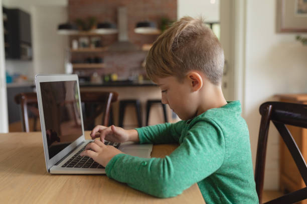 istock Cute boy using laptop at dining table in a comfortable home 1155959685
