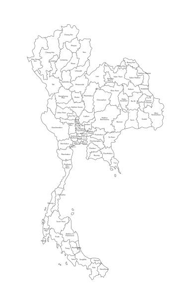 Vector isolated illustration of simplified administrative map of Thailand. Borders and names of the regions. Black line silhouettes Vector isolated illustration of simplified administrative map of Thailand. Borders and names of the regions. Black line silhouettes. phatthalung province stock illustrations