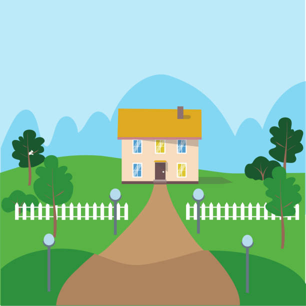 Countryside house flat vector illustration. White fence, green garden. Real estate, property for rent, sale. Contemporary townhouse with panoramic windows. Cottage facade. Countryside house flat vector illustration. White fence, green garden. Real estate, property for rent, sale. Contemporary townhouse with panoramic windows. Cottage facade. Family house exterior garden pathway stock illustrations