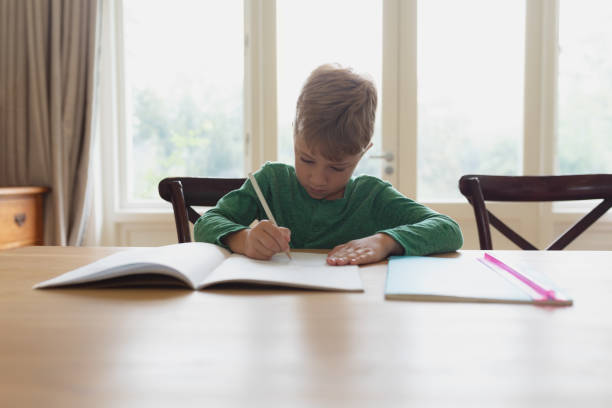 istock Cute boy doing homework at dining table in a comfortable home 1155960627