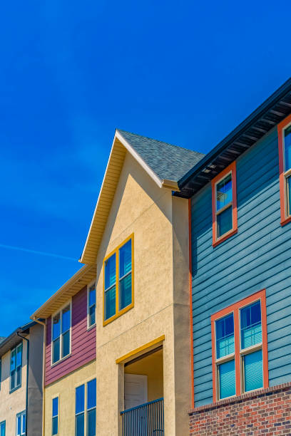 istock Exterior view of houses with balcony and multi colored wall 1155963145