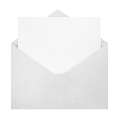 Open white envelope with a blank paper inside, isolated on white background