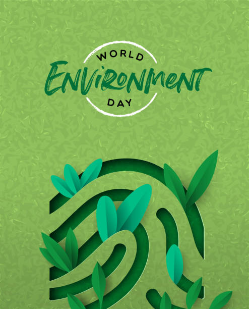 Environment Day card of green cutout finger print World Environment Day papercut illustration of human finger print with green plant leaves. Ecology awareness concept for special holiday.. world environment day stock illustrations