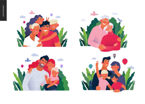 Medical insurance template - a happy family set Medical insurance template -happy family - modern flat vector concept digital illustrations of families, parents with children and elderly couple, embracing together outside, medical insurance concept family happiness stock illustrations
