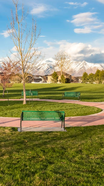 istock Vertical Green benches around a circular pathway on a park with trees and lamp posts 1155982711