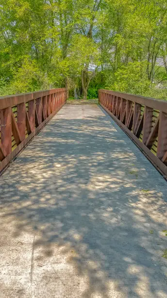 Vertical Bridge with rusty metal guardrails over a lake viewed on a sunny day. The lush green leaves of the trees cast shadows on the deck of the bridge.