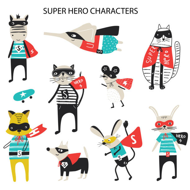 Super Hero - collection of cute and fun kids super hero animals. Big set of characters. Vector illustration Super Hero - collection of cute and fun kids super hero animals. Big set of characters. Vector illustration. baby mice stock illustrations