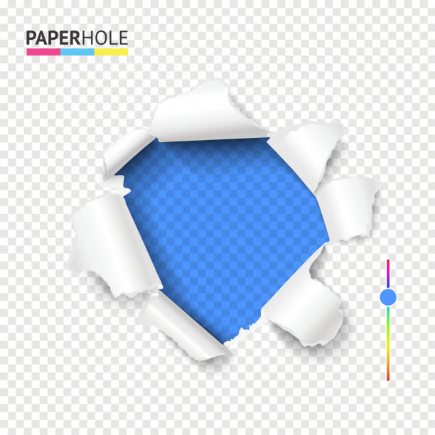 Torn cardboard bright color hole with ripped edge. Vector empty hole in teared paper on transparent background. Torn cardboard hole with ripped edge and curly paper pieces. Bright blue color hole in tear off paper on abstract transparent background. Vector illustration teared stock illustrations