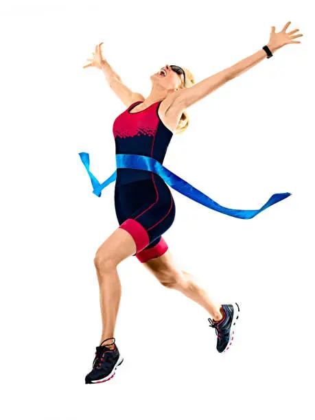 one caucasian woman practicing triathlon triathlete ironman runner running jogger jogging in studio shot  isolated on white background