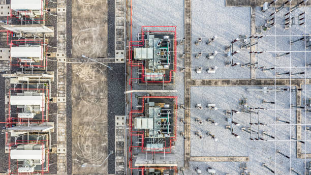 Aerial view part of electric station engineering construction on a electric power plant. Aerial view part of electric station engineering construction on a electric power plant. electricity transformer photos stock pictures, royalty-free photos & images