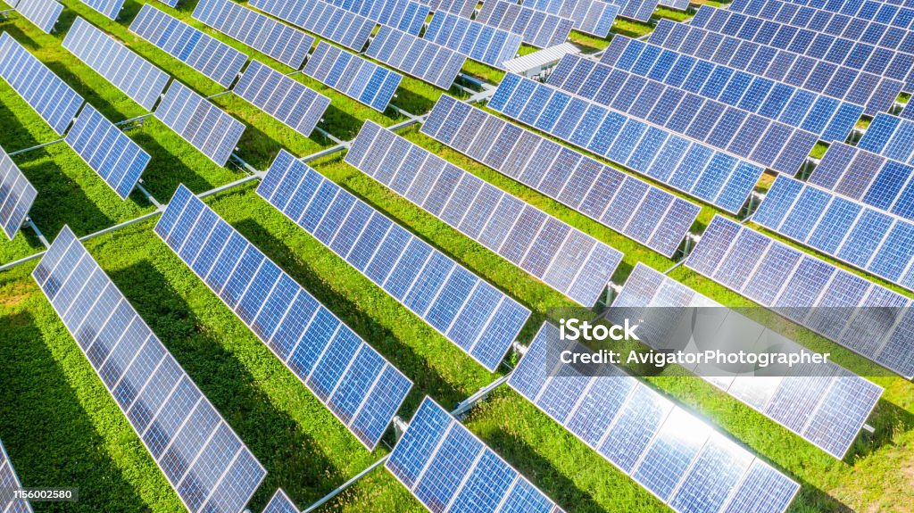 Solar panels in aerial view, Renewable energy with photovoltaic panels. Solar Panel Stock Photo