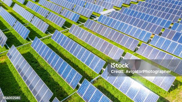 Solar Panels In Aerial View Renewable Energy With Photovoltaic Panels Stock Photo - Download Image Now