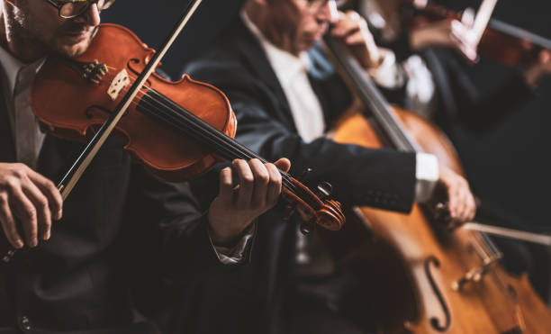 Symphonic string orchestra performing on stage Professional symphonic string orchestra performing on stage and playing a classical music concert, violinist in the foreground classical style stock pictures, royalty-free photos & images