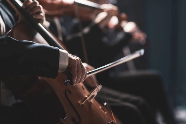 Symphonic orchestra performing on stage Symphonic orchestra performing on stage and playing a classical music concert, cellist in the foreground, hands close up symphony orchestra photos stock pictures, royalty-free photos & images
