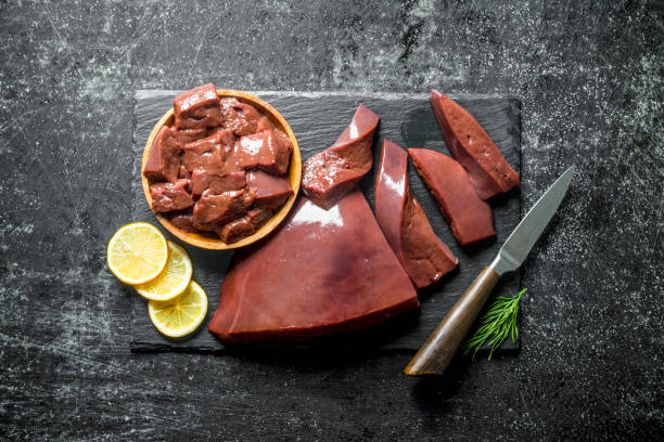 istock Sliced raw liver on a stone Board and on a plate. 1156016545