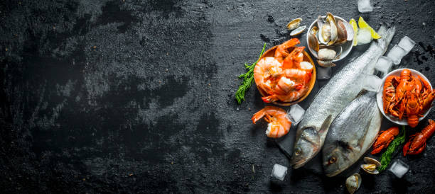 istock Raw fish and seafood on a stone Board with ice cubes and lime slices. 1156018743