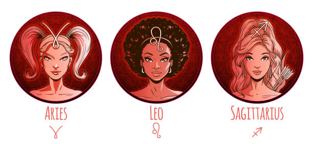 illustrazioni stock, clip art, cartoni animati e icone di tendenza di set zodiacale del fuoco, belle ragazze, ariete, leone, sagittario, simbolo dell'oroscopo, segno stellare, illustrazione vettoriale - ariete segno zodiacale fuoco