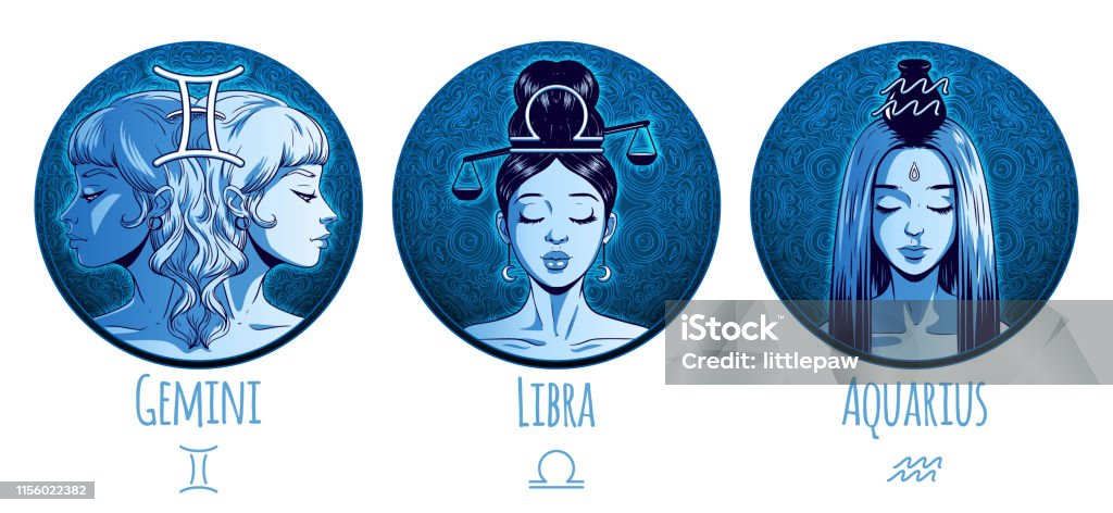 Air Zodiac Set Beautiful Girls Gemini Libra Aquarius Horoscope Symbol Star  Sign Vector Illustration Stock Illustration - Download Image Now - iStock