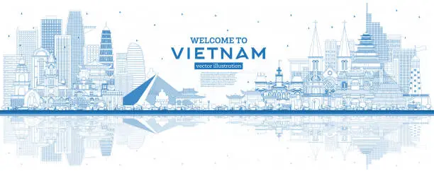 Vector illustration of Welcome to Vietnam Skyline with Gray Buildings and Blue Sky.