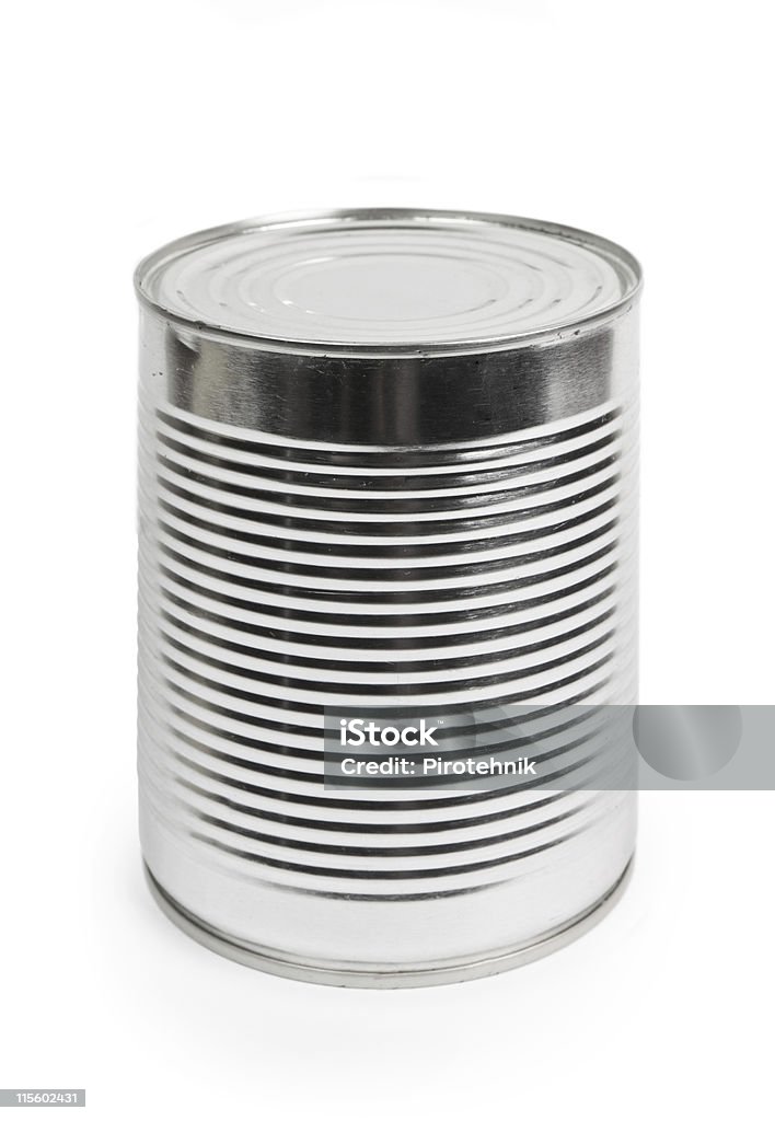 Stark, shiny metal food can on white background tin food can isolated on white Airtight Stock Photo