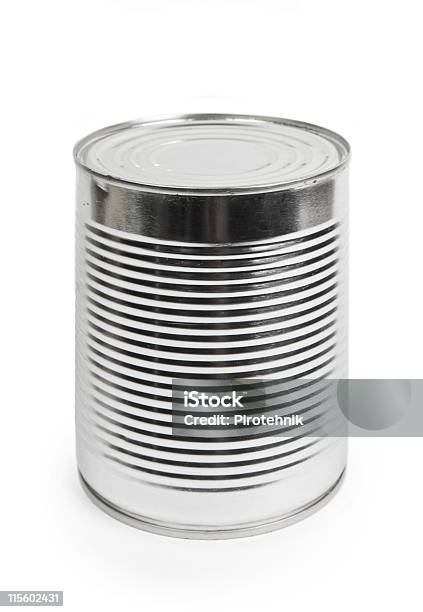 Stark Shiny Metal Food Can On White Background Stock Photo - Download Image Now - Airtight, Blank, Box - Container