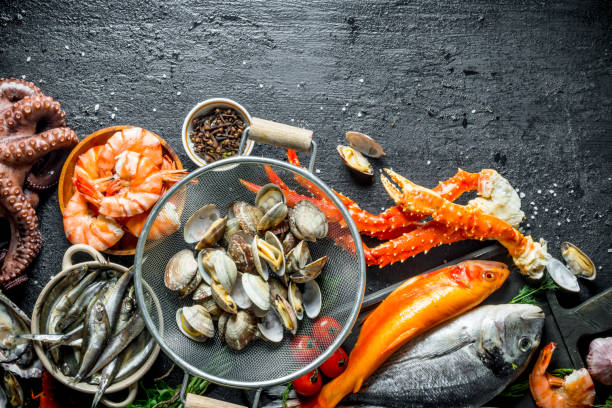 istock Seafood. Oysters with fresh fish, crab and shrimp. 1156025203